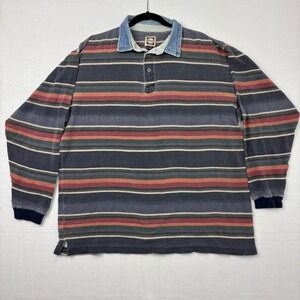 GH Bass Mens XLL Striped Long Sleeve Waffle Knit Polo Shirt Denim Collar Earthy